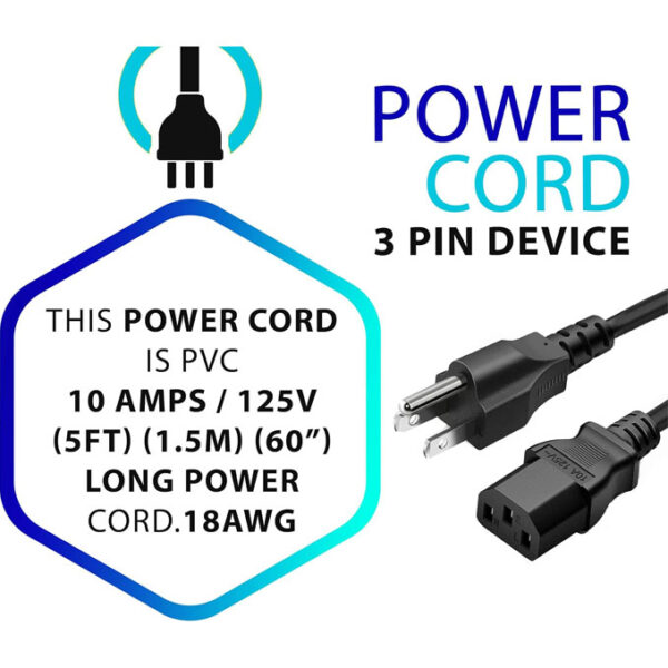 Standard 5ft (1.5m) 10 Amps 125 Volts Black 3 Prong - Image 3